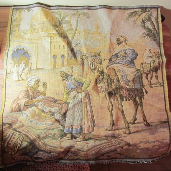 vintage middle eastern arabian market scene tapestry 19x19